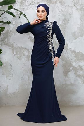 لباس مجلسی حجاب سرمه ای زنانه یقه ایستاده Neva Style - کد 898094657