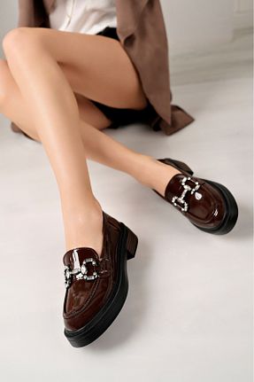 کفش لوفر قهوه ای زنانه چرم لاکی moda sara - کد 898098288