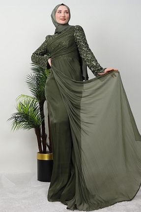 لباس مجلسی حجاب خاکی زنانه یقه ایستاده giz astore - کد 898523991