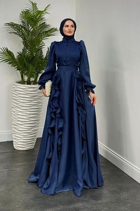 لباس مجلسی حجاب سرمه ای زنانه یقه ایستاده MERVEN AKYÜZ - کد 898803949