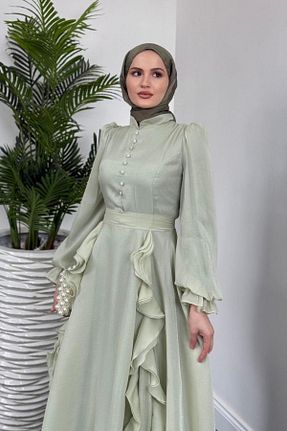 لباس مجلسی حجاب سبز زنانه یقه ایستاده Şulemoda Giyim - کد 898158427