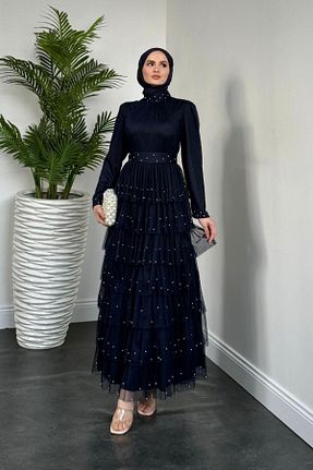 لباس مجلسی حجاب سرمه ای زنانه یقه ایستاده MERVEN AKYÜZ - کد 898803922