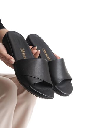 دمپائی مشکی زنانه چرم مصنوعی ALPELLİ ByAlp - کد 898211643