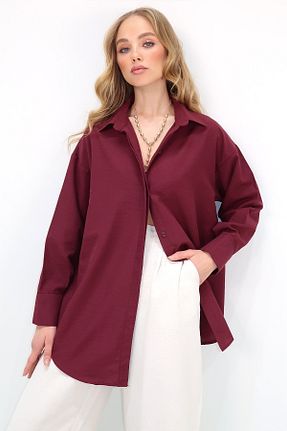 پیراهن زرشکی زنانه اورسایز Trend Alaçatı Stili - کد 897431021