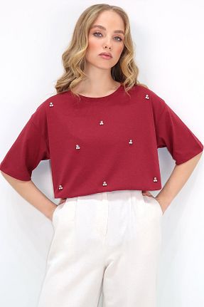 تیشرت زرشکی زنانه اورسایز Trend Alaçatı Stili - کد 891522643