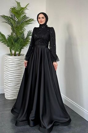لباس مجلسی حجاب مشکی زنانه یقه ایستاده MERVEN AKYÜZ - کد 897849986