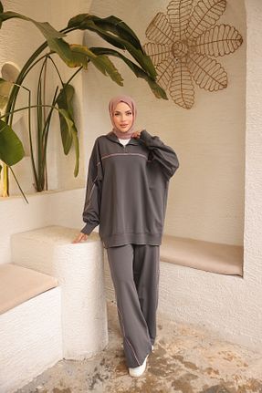 ست بالاتنه و پائین تنه حجاب طوسی زنانه اورسایز Wovi Moda - کد 894696706
