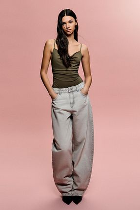 بادی خاکی زنانه یقه دگاژه Bershka - کد 897236058