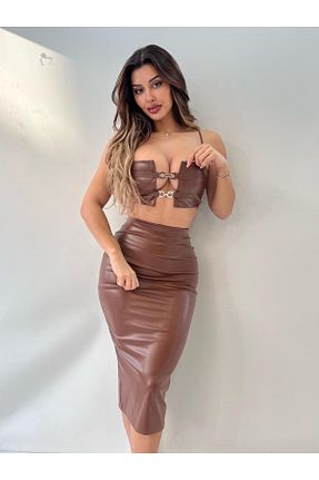 ست بالاتنه و پائین تنه قهوه ای زنانه بافت pink life - کد 897253106