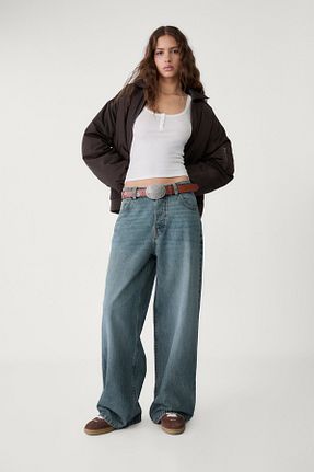 شلوار جین آبی زنانه پاچه گشاد Stradivarius - کد 897449716