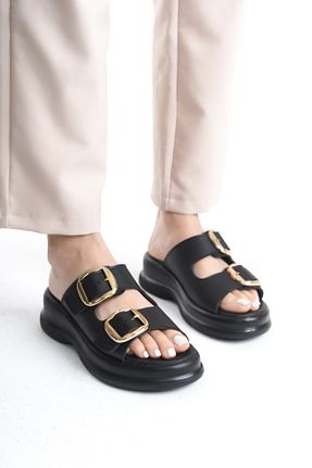 دمپائی مشکی زنانه چرم مصنوعی SH SİLVER MODA - کد 897822320