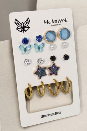 گوشواره استیل (فولاد) آبی زنانه استیل ضد زنگ MakeWell - کد 897884202