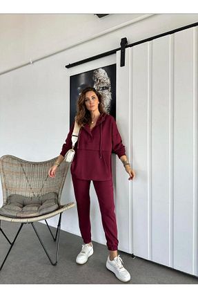 ست بالاتنه و پائین تنه زرشکی زنانه بافت EGZOTİK ASORTİK - کد 897909937