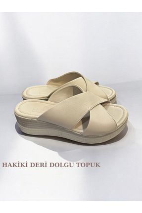 دمپائی بژ زنانه چرم خالص SHOUGO - کد 897939757