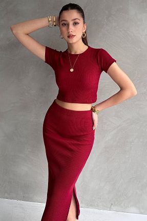 ست بالاتنه و پائین تنه زرشکی زنانه بافت Rabi Shine - کد 897931330