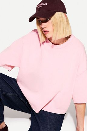 تیشرت صورتی زنانه یقه دگاژه Bershka - کد 897945086