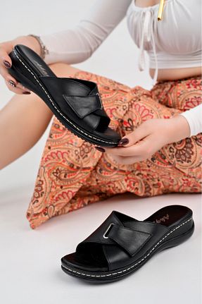 دمپائی مشکی زنانه چرم خالص Akgün Terlik - کد 897988248