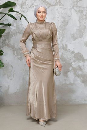 لباس مجلسی حجاب بژ زنانه یقه ایستاده Neva Style - کد 898094972