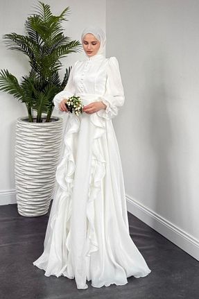 لباس مجلسی حجاب سفید زنانه یقه ایستاده Şulemoda Giyim - کد 898153020