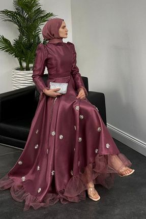 لباس مجلسی حجاب بنفش زنانه یقه ایستاده MERVEN AKYÜZ - کد 898803852