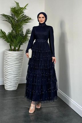 لباس مجلسی حجاب سرمه ای زنانه یقه ایستاده MERVEN AKYÜZ - کد 898803922