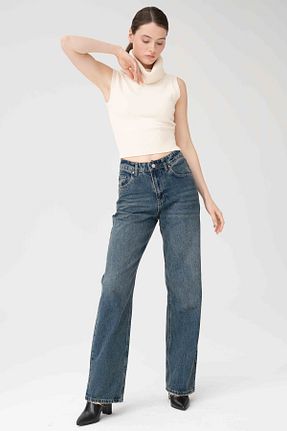 شلوار جین سرمه ای زنانه پاچه گشاد jean shop - کد 898229619
