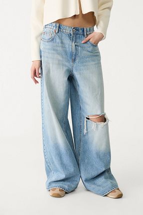 شلوار جین آبی زنانه پاچه گشاد Stradivarius - کد 897082356