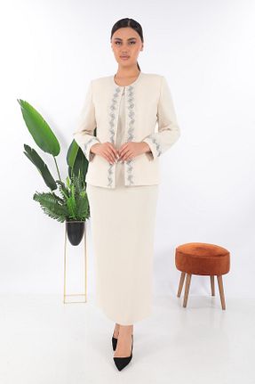 ست بالاتنه و پائین تنه سایز بزرگ بژ زنانه فاق نرمال MİSS DİAMOND - کد 898624092