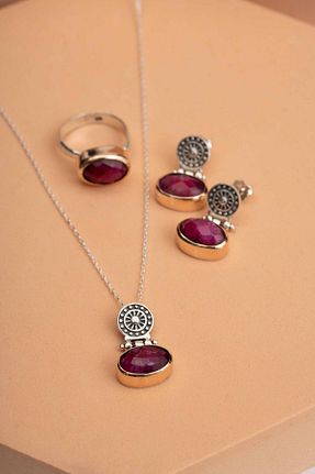 ست نقره زرشکی زنانه زمرد Sümer Telkari - کد 898137092