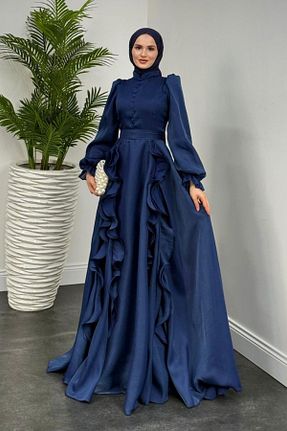 لباس مجلسی حجاب سرمه ای زنانه یقه ایستاده MERVEN AKYÜZ - کد 898803949