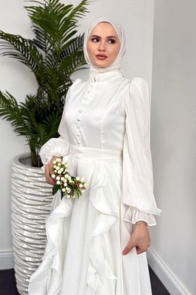 لباس مجلسی حجاب سفید زنانه یقه ایستاده Şulemoda Giyim - کد 898153020