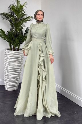 لباس مجلسی حجاب سبز زنانه یقه ایستاده Şulemoda Giyim - کد 898158427