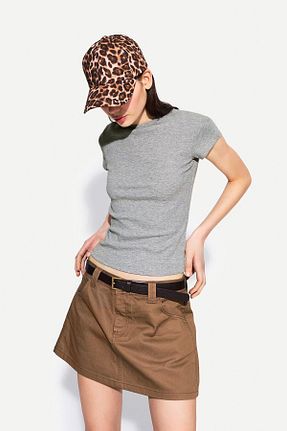 تیشرت طوسی زنانه یقه دگاژه Bershka - کد 898576995