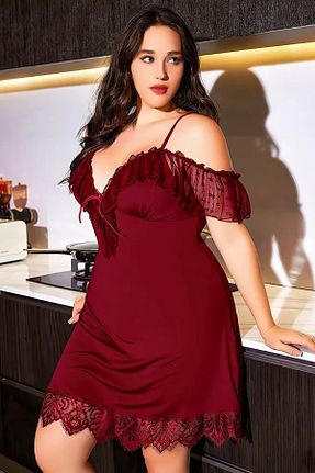 لباس شب سایز بزرگ زرشکی زنانه ساده Genel Markalar - کد 899638693
