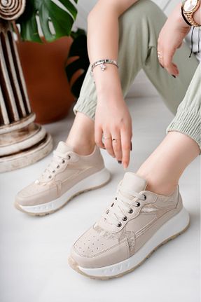 کفش اسنیکر بژ زنانه بند دار moda sara - کد 899127697