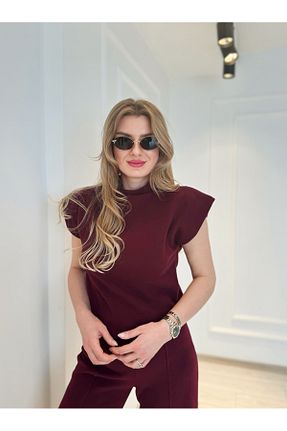 ست بالاتنه و پائین تنه زرشکی زنانه بافتنی Store - کد 899245100