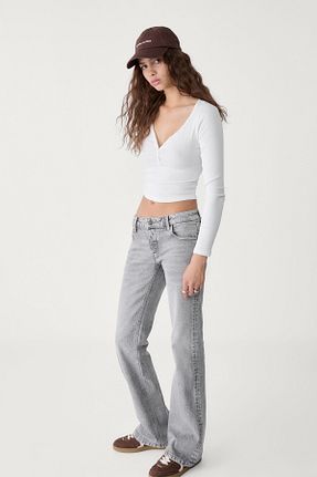 شلوار جین طوسی زنانه پاچه پهن Stradivarius - کد 899327493