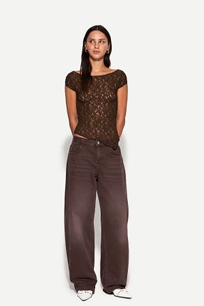 تیشرت قهوه ای زنانه یقه دگاژه Bershka - کد 899327640