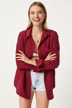 پیراهن زرشکی زنانه اورسایز Lovelyİstanbul - کد 846542660