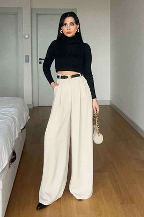 شلوار پارچه ای بژ زنانه بلند Seda Yalçın Atelier - کد 898530545