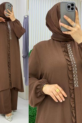 ست بالاتنه و پائین تنه حجاب قهوه ای زنانه سایز بزرگ Mercan - کد 898528278