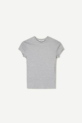 تیشرت طوسی زنانه یقه دگاژه Bershka - کد 898576995