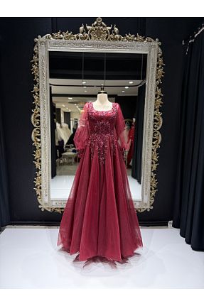 لباس عروس زرشکی زنانه توری Belinay - کد 899831783