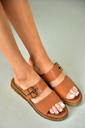 دمپائی قهوه ای زنانه چرم خالص Fox Shoes - کد 899172656