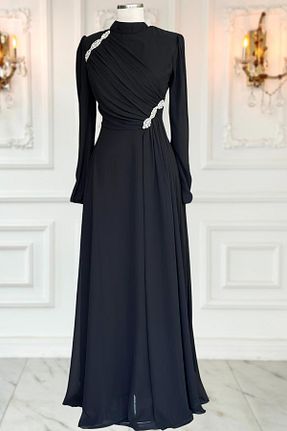 لباس مجلسی حجاب مشکی زنانه یقه ایستاده Amine Hüma - کد 899280719