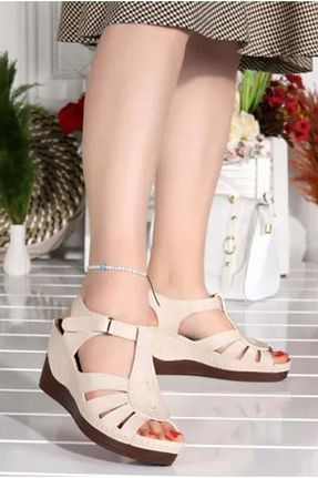 صندل بژ زنانه پاشنه تخت Kocamanlar Ayakkabı - کد 898279357