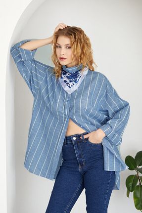 پیراهن آبی زنانه اورسایز Fullamoda - کد 899590317