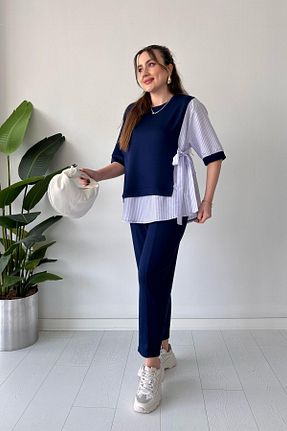 ست بالاتنه و پائین تنه سرمه ای زنانه بافتنی MaziButik - کد 900538120
