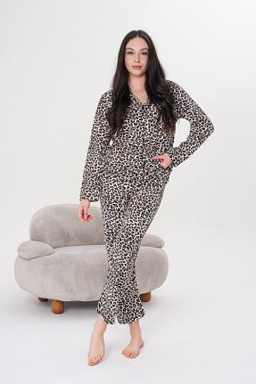 ست لباس راحتی قهوه ای زنانه چاپی Arvin Pijama - کد 899649492