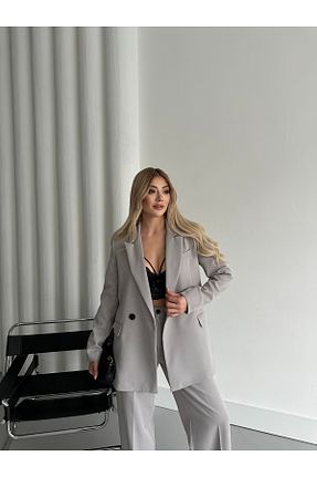 کت و شلوار طوسی زنانه یقه کتی HOEK - کد 898326707